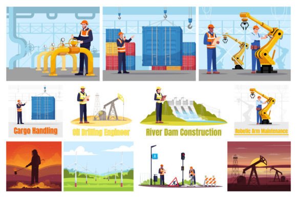Engineers Color Vector Illustration Set